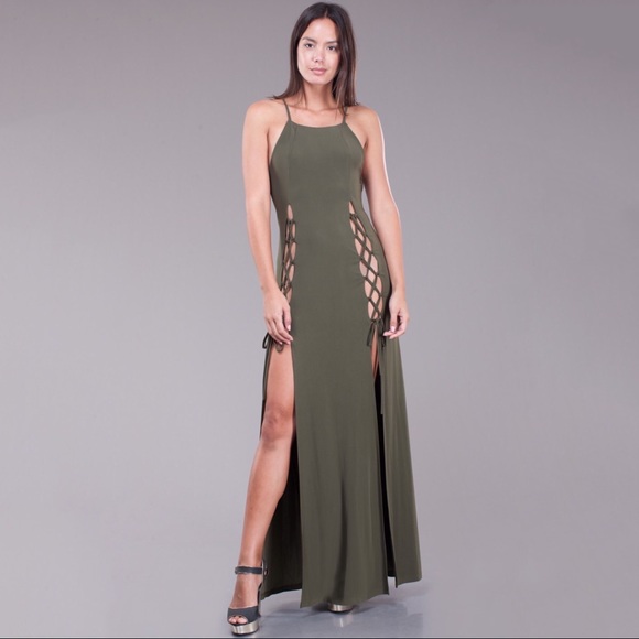 Last 1! Olive Lace Up High Slit Criss Cross Maxi Dress - Picture 3 of 8
